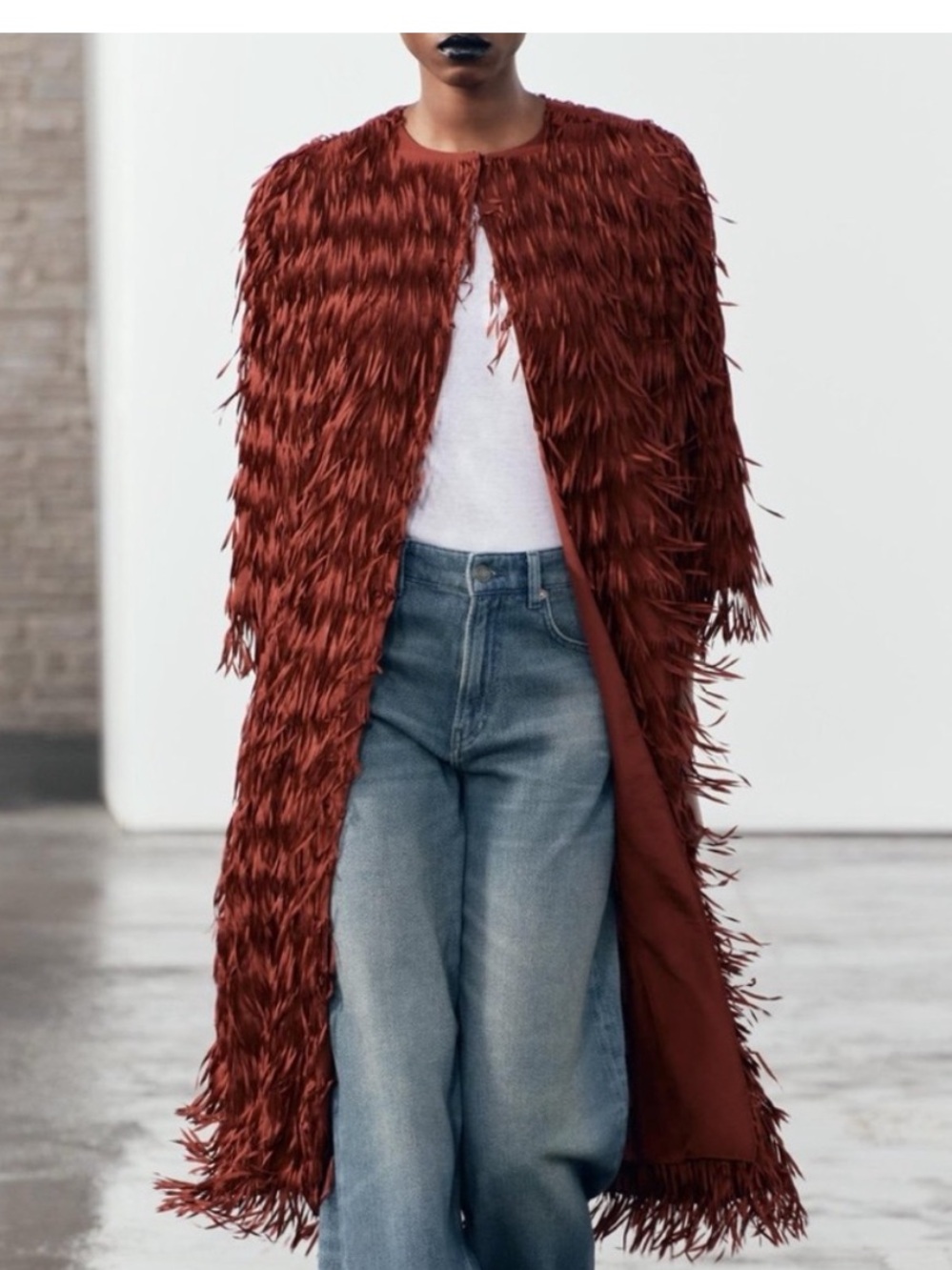 Zara Gorgeous Textured Fringe Open Duster Coat in Deep Red